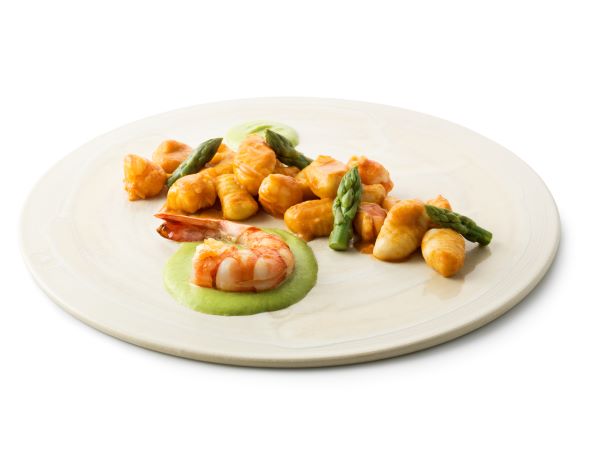 Aardappelgnocchi met garnalen en crème van groene asperges - Debic